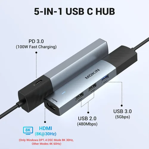 Vista 2 de MOKiN Hub USB C, adaptador USB CMultiport 5 en 1 8K HDMI (DP1.4 con DSC), 100W PD, 3 puertos de datos USB-A, dongle USBC para MacBook Pro/Air, iPad