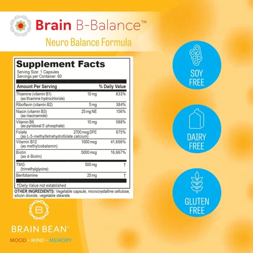 Vista 7 de Brain B Balance: Multivitamínico metilado - Fórmula neurobalance del complejo B metilado - Metilfolato apoya el estado de ánimo.Mind.Memory - 60