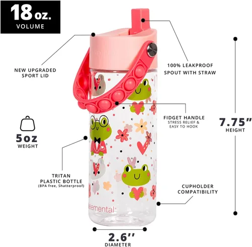 Vista 232 de Elemental Botellas de agua para niños – Botella de agua para niños Splash para la escuela con mango Pop-it – Botella de agua de plástico Tritan sin