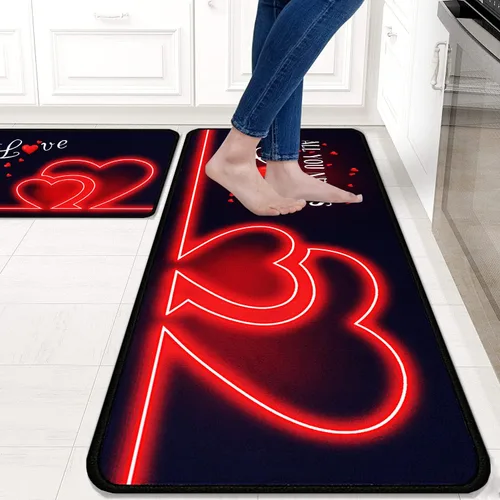 Vista 2 de Faptoena Juego de 2 alfombras y tapetes de cocina, para el día de San Valentín, decoración de corazón rojo, antideslizantes, parte trasera de goma
