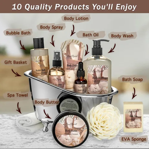 Vista 2 de Canastas de regalo de spa para mujeres - Set de baño de lujo con coco y vainilla - Kit de spa incluye lavado corporal, baño de burbujas, loción