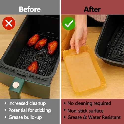 Vista 3 de 100 forros para freidora de aire para Ninja, 8.6 x 5.5 pulgadas, papel desechable para freidora de aire doble, papel pergamino antiadherente sin