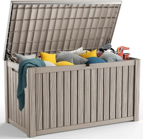Vista 16 de Caja de resina de 30 galones para terraza, caja de almacenamiento para patio al aire libre con cierre para muebles, herramientas de jardín