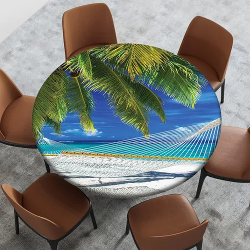 Vista 43 de Cubierta redonda con diseño de playa, borde elástico, picnic al aire libre, patio, fiesta o comedor interior, decoración de mesas de comedor, azul