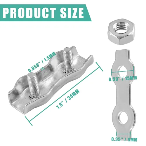Vista 5 de 20 abrazaderas de cuerda de alambre M3 de 1/8 pulgadas, abrazadera de cable de acero inoxidable de 2 postes, clips de cuerda de alambre de doble