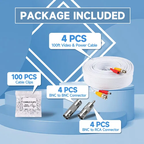 Vista 5 de Cable de alimentación de video BNC 2 en 1 prefabricado 4K 8MP 5MP 2MP 1080P, paquete de 4 cables BNC de 100 pies/98.4 ft, cable BNC para sistemas