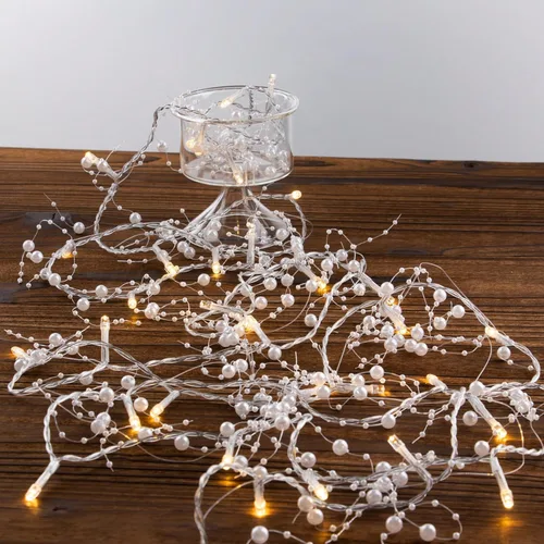Vista 3 de Rhytsing - Guirnalda de 14.7 pies de perlas blancas con 36 luces LED, luces de hadas de cadena con batería y temporizador para decoración de bodas