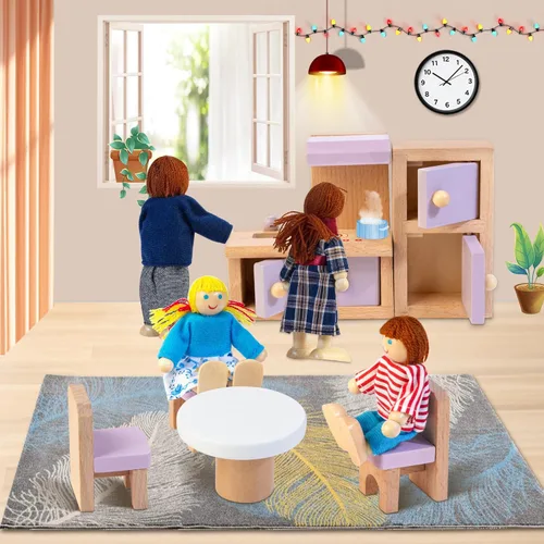 Vista 4 de Kizfarm - Juego de muebles de madera para casa de muñecas con 4 muñecas familiares, 26 piezas, accesorios de juego de simulación para casa