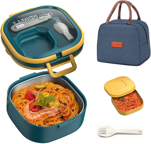 Vista 21 de Lonchera Bento para adultos y niños, contenedor de comida con un solo compartimento, sin BPA, apta para microondas y lavavajillas, con divisor Azul