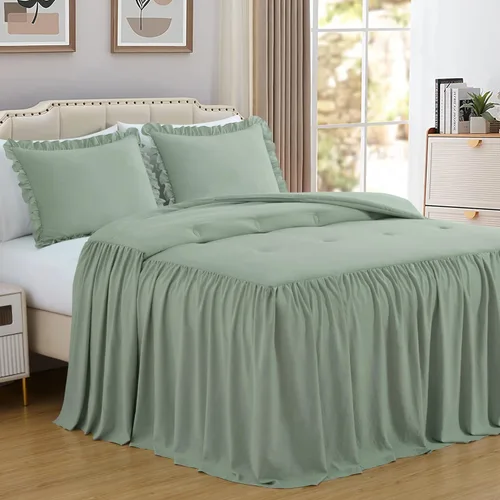 Vista 12 de Chezmoi Collection Sinclair - Juego de colcha de 3 piezas con falda con volantes, estilo campestre francés chic, tamaño King, color rubor