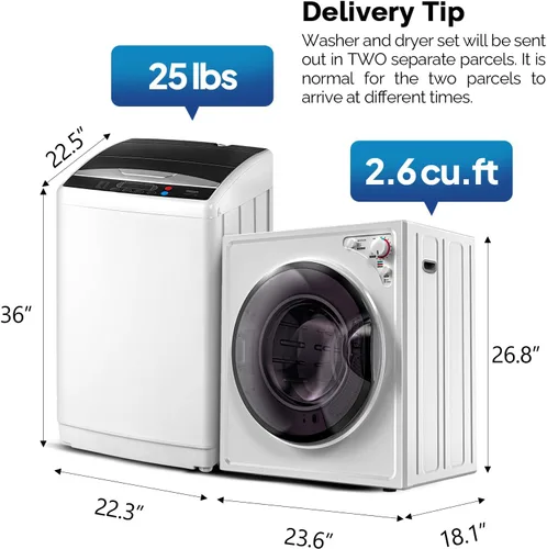 Vista 3 de ROVSUN Juego de secadora de ropa de 2.6 pies cúbicos y lavadora completamente automática de 25 libras, juego combinado de lavadora y secadora