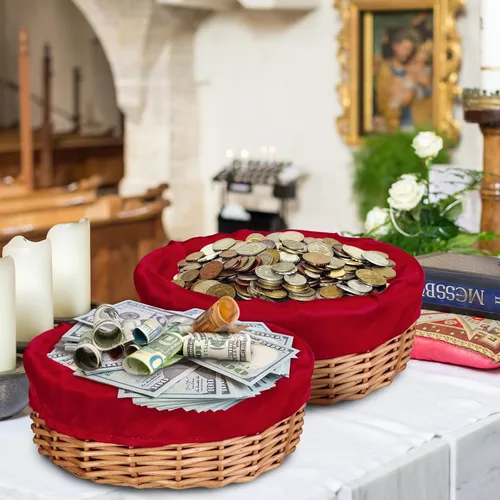 Vista 4 de Hushee Paquete de 3 cestas redondas de 9.1 pulgadas para ofrendas de mimbre para iglesia con forro extraíble, cuencos de ratán tejido de mimbre