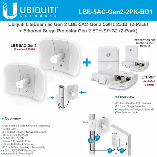 LiteBeam ac Gen 2 LBE-5AC-Gen2 5GHz Airmax 2X2 MIMO 23dBi 450+ Mbps CPE (paquete de 2) con protector de sobretensiones Ethernet ETH-SP para