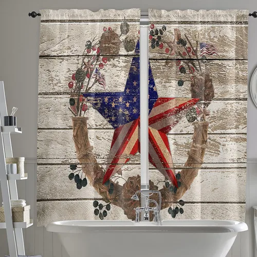 Vista 3 de Kitchen Curtains 2 Panels Rod Pocket Tier Curtain Independence Day USA Flag Farmhouse Garland Window Valance,Light Filtering Window Treatment Retro