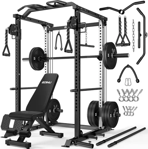 Vista 10 de DP01 - Jaula de potencia, estante para sentadillas de 2000 libras con cable cruzado y sistema de polea doble independiente, jaula completa