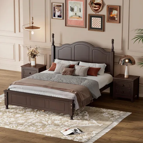 Vista 3 de Merax Juego de muebles de dormitorio de madera rústica moderna de 3 piezas con marco de cama de tamaño matrimonial, 2 mesitas de noche con cajones