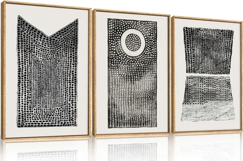 Juego de Arte de Pared de Lienzo Enmarcado con Patrón de Puntos Abstractos, Decoración de Pared Minimalista en Blanco y Negro, Estampado Geométrico