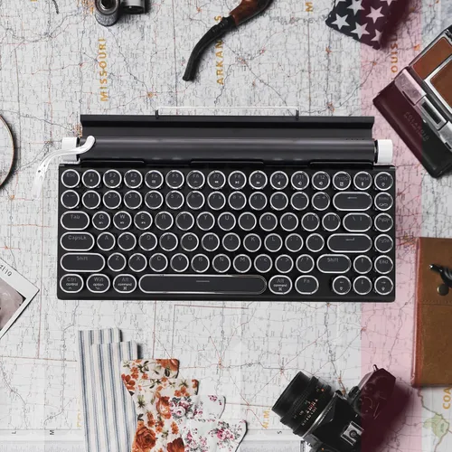 Vista 5 de Teclado mecánico retro estilo máquina de escribir Adventurers con luz LED trasera 83 teclas Bluetooth 5.0 eje azul, adecuado para computadoras