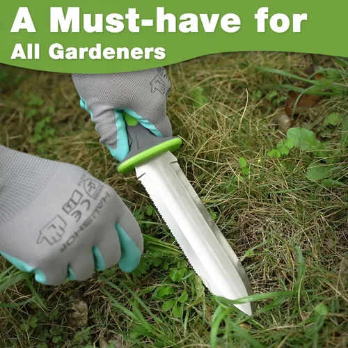 Vista 7 de WORKPRO Hori Hori - Cuchillo de jardín, hoja de acero inoxidable de 7 pulgadas con borde de corte, herramientas de jardín con funda Oxford, mango