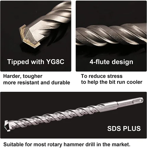 Vista 4 de tonchean Juego de brocas de martillo rotatorio, 17 piezas SDS Plus 40Cr de acero al carbono para hormigón con estuche de transporte