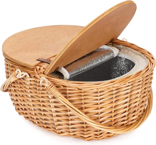Vista 11 de Cesta de picnic de mimbre con forro, cesta de picnic de madera con tapa dividida, canasta de picnic de estilo vintage con asa tejida plegable