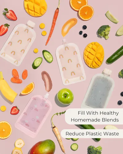 Vista 3 de Hippypotamus Bolsas reutilizables de comida para bebés para niños pequeños, sin BPA, aptas para lavavajillas y congelador, recipientes de comida