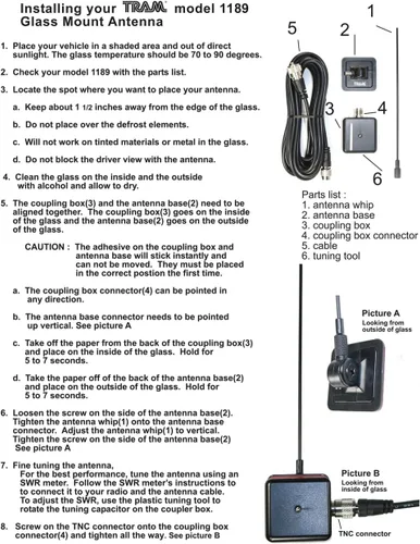 Vista 4 de Tram Kit de antena de radio VHF preajustada de 50 vatios de 150 MHz a 158 MHz con montaje de vidrio y cable