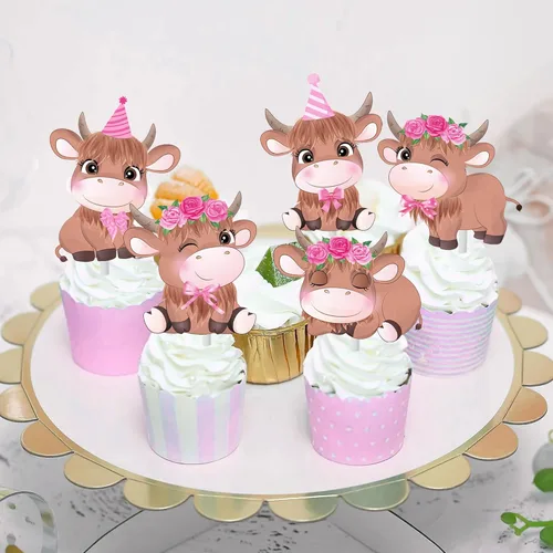 Vista 7 de Decoraciones de cumpleaños de vaca de las tierras altas, 24 piezas de decoración de cupcakes de vaca de las tierras altas, decoración de fiesta