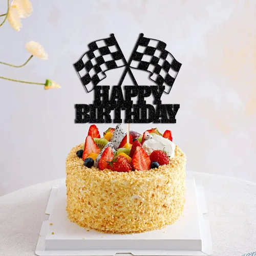 Vista 5 de Decoración para pastel de auto de carreras, bandera a cuadros, purpurina, decoración de pastel con temática de feliz cumpleaños