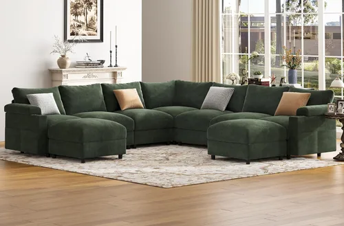 Vista 9 de Sofás seccionales para sala de estar, sofá modular de terciopelo certificado FSC, de gran tamaño, en forma de nube, sofá convertible en forma de U