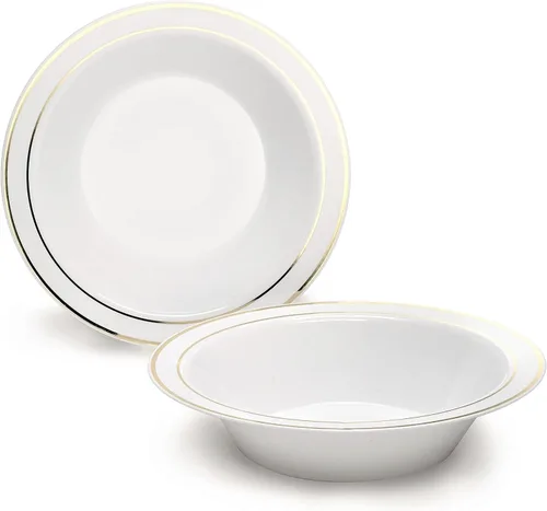 Vista 11 de Platos de plástico desechables Occasions para fiestas de boda (120 unidades), Blanco / Borde dorado Borde blanco y dorado