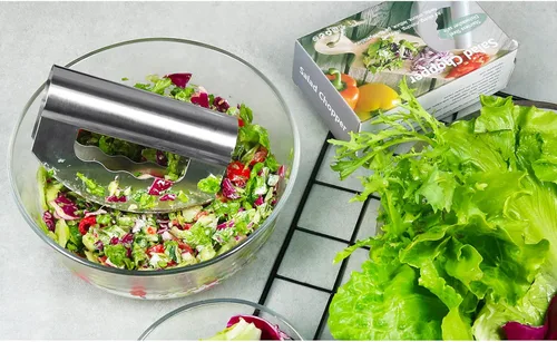 Vista 6 de Cuchillo picador de ensalada con cubierta protectora, cortador de ensalada de acero inoxidable, cuchillo de corte de doble hoja, picador de ensalada