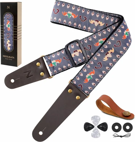 Vista 12 de Nefelibata Correa de guitarra, correas de guitarra de algodón bordadas con extremos de cuero de vaca para bajo, guitarras eléctricas y acústicas