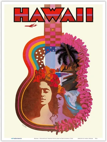 Hawái - Ukelele hawaiano psicodélico arte de energía de flores - Póster de viaje vintage por David Klein c.1960 - Impresión artística maestra (sin