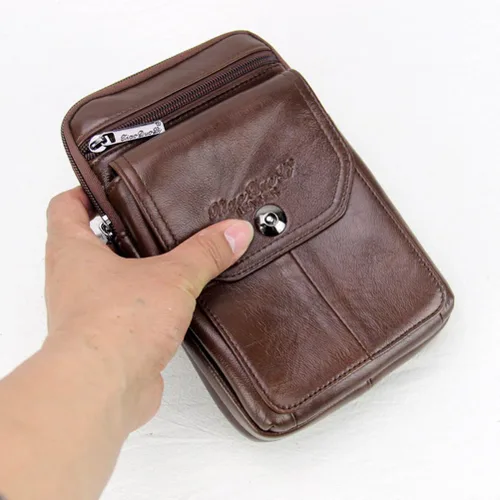 Vista 6 de Riñonera de piel de vaca de capa superior para hombre, riñonera lateral, bolsa para teléfono inteligente, modelo 8-marrón