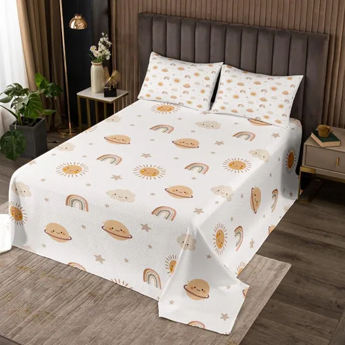 Vista 2 de Erosebridal Juego de colcha acolchada con diseño de arco iris para niñas, con sol y estrellas, diseño de planetas kawaii y nubes, juego de colcha