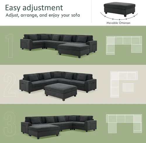 Vista 13 de Sofá modular de felpilla con tapicería en forma de L, sofá modular de 4 asientos con otomana extraíble y 5 almohadas para sala de estar, apartamento