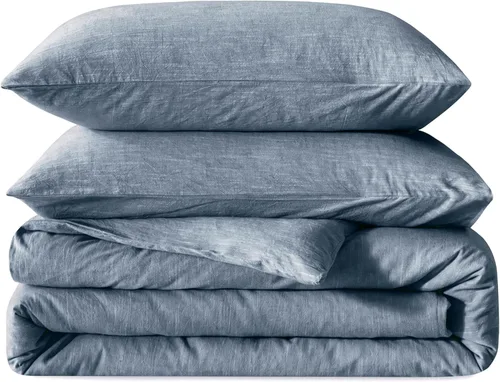 Vista 14 de BFS HOME Funda de edredón de lino tamaño King, mezcla de lino de algodón suave y transpirable, juego de ropa de cama de 3 piezas con 2 fundas