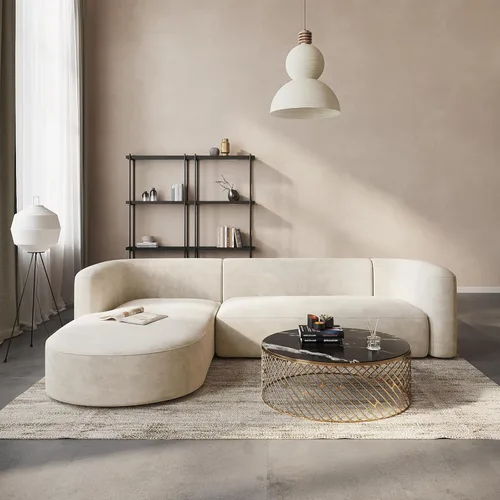 Vista 12 de Acanva - Sofá de terciopelo con respaldo curvo moderno y lujoso, sofá cómodo de estilo minimalista para sala de estar o apartamento, 3 plazas, crema