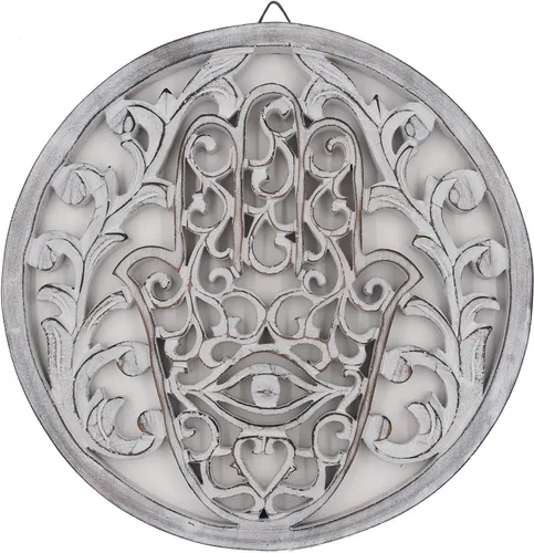 Vista 2 de DharmaObjects Hamsa hecha a mano de Fátima para el hogar, protección de bendición para el hogar, decoración rústica de madera, arte colgante (negro)