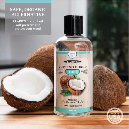 Vista 4 de CLARK'S Kit de cuidado de tabla de cortar con aceite de coco, incluye aceite de bloque de carnicero y cera, fabricado con aceite de coco refinado