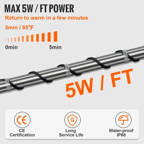 Vista 3 de VEVOR Cable de calefacción de tubería autorregulable, cinta térmica de 120 pies de 5 W/ft para protección contra congelación de tuberías, protege