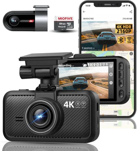 Miofive Dash Cam - Cámara delantera y trasera para automóvil, 4K+4K, WiFi, Bluetooth, con tarjeta SD de 64 GB, cámara dual para auto con monitoreo