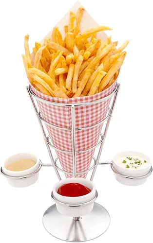 Vista 8 de Restaurantware Soporte para papas fritas de 4 x 5 pulgadas, 1 soporte para freír – con 2 soportes para salsas, soporte de cono de acero inoxidable