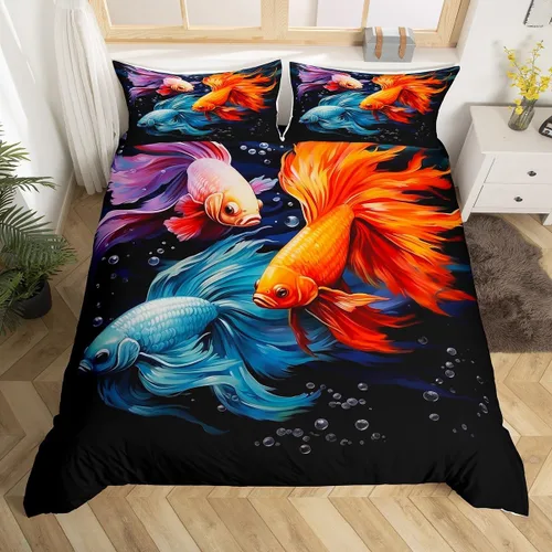 Vista 20 de Betta Fish - Juego de funda de edredón de peces tropicales, acuarela, animales marinos, algas marinas, coral submarino, vida marina (sin relleno)