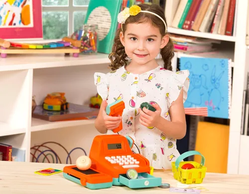 Vista 3 de Battat - Caja registradora interactiva para niños con escáner y sonidos - Set de juego de 26 piezas para simular compras con escáner iluminado