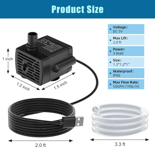Vista 6 de DaToo DC 5V USB Bomba de agua para tanque de peces 3W Mini bomba de agua sumergible con tubo y función de ajuste de flujo Pequeña fuente para fuente