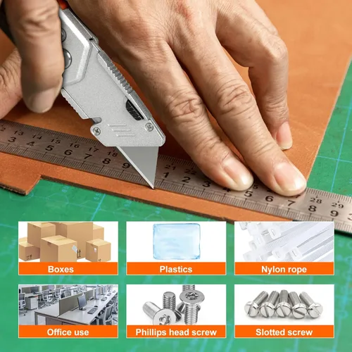 Vista 5 de Cuchillo utilitario premium, cortador plegable retráctil para cuchillos, cuchillo de afeitar de hoja de cambio rápido con 3 cuchillas adicionales, 2