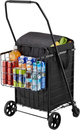 Vista 12 de VEVOR Carrito de compras plegable, carrito de comestibles jumbo con cestas dobles, ruedas giratorias de 360°, carrito utilitario resistente, carrito