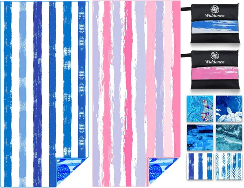 Vista 17 de Paquete de 2 toallas de playa ligeras de microfibra, sin arena, de secado rápido, absorbentes, delgadas y compactas, para piscina, camping